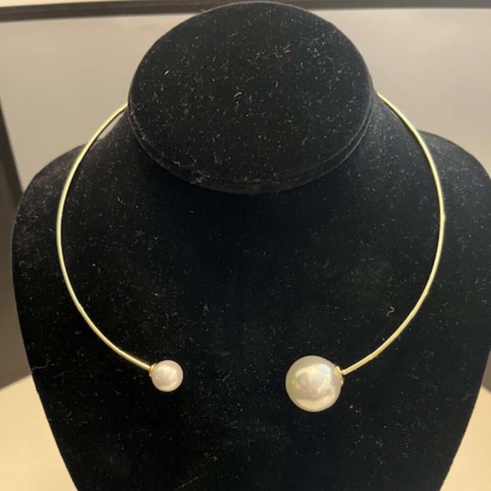 Pearl (Faux) Cuff Choker Collar Necklace :925k Sterling Silver -Gold Tone